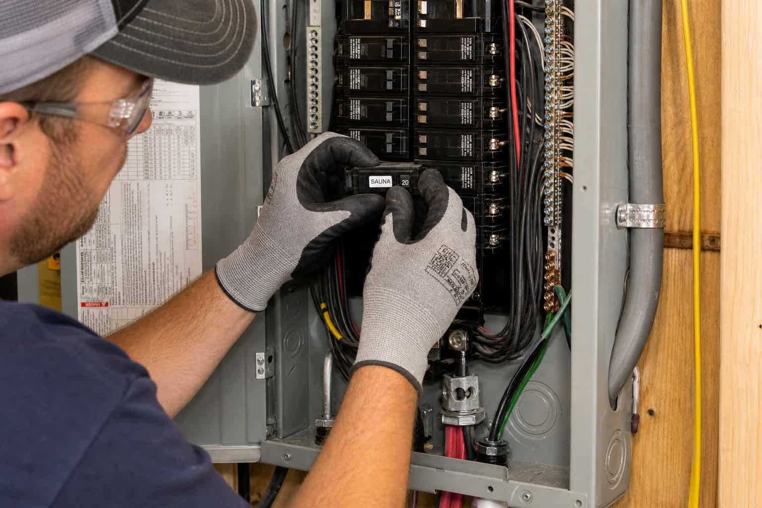 Electrician installing a dedicated 20A circuit breaker for a sauna, showing proper electrical setup.