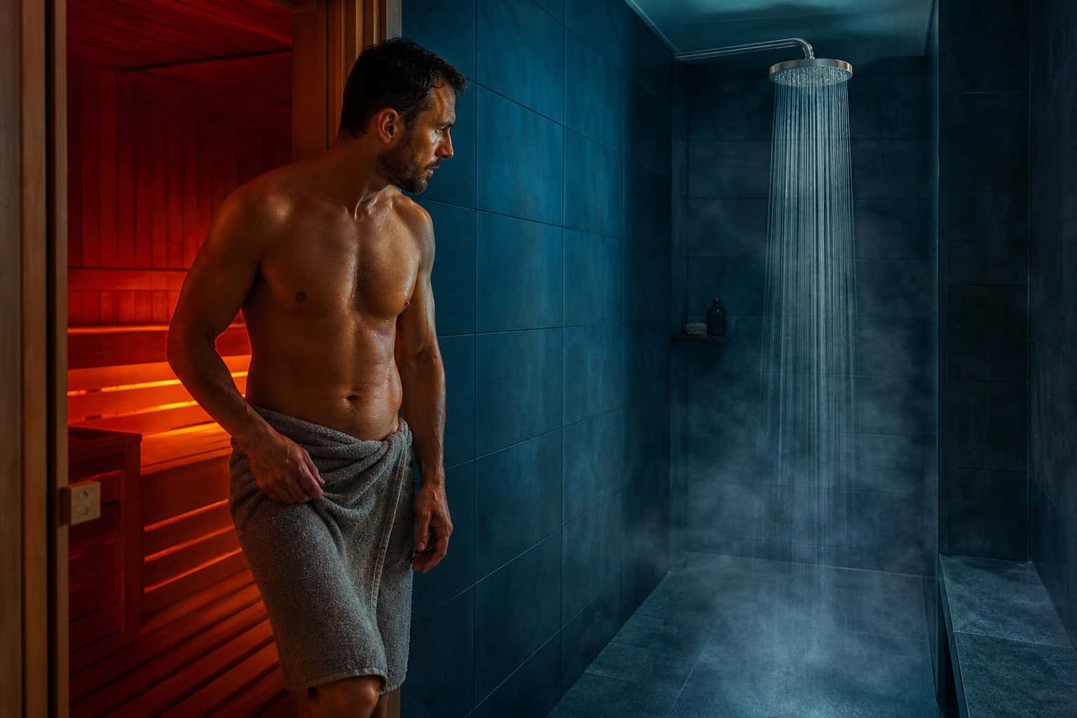 Man taking a cold shower after a sauna session, showing the contrast therapy routine.