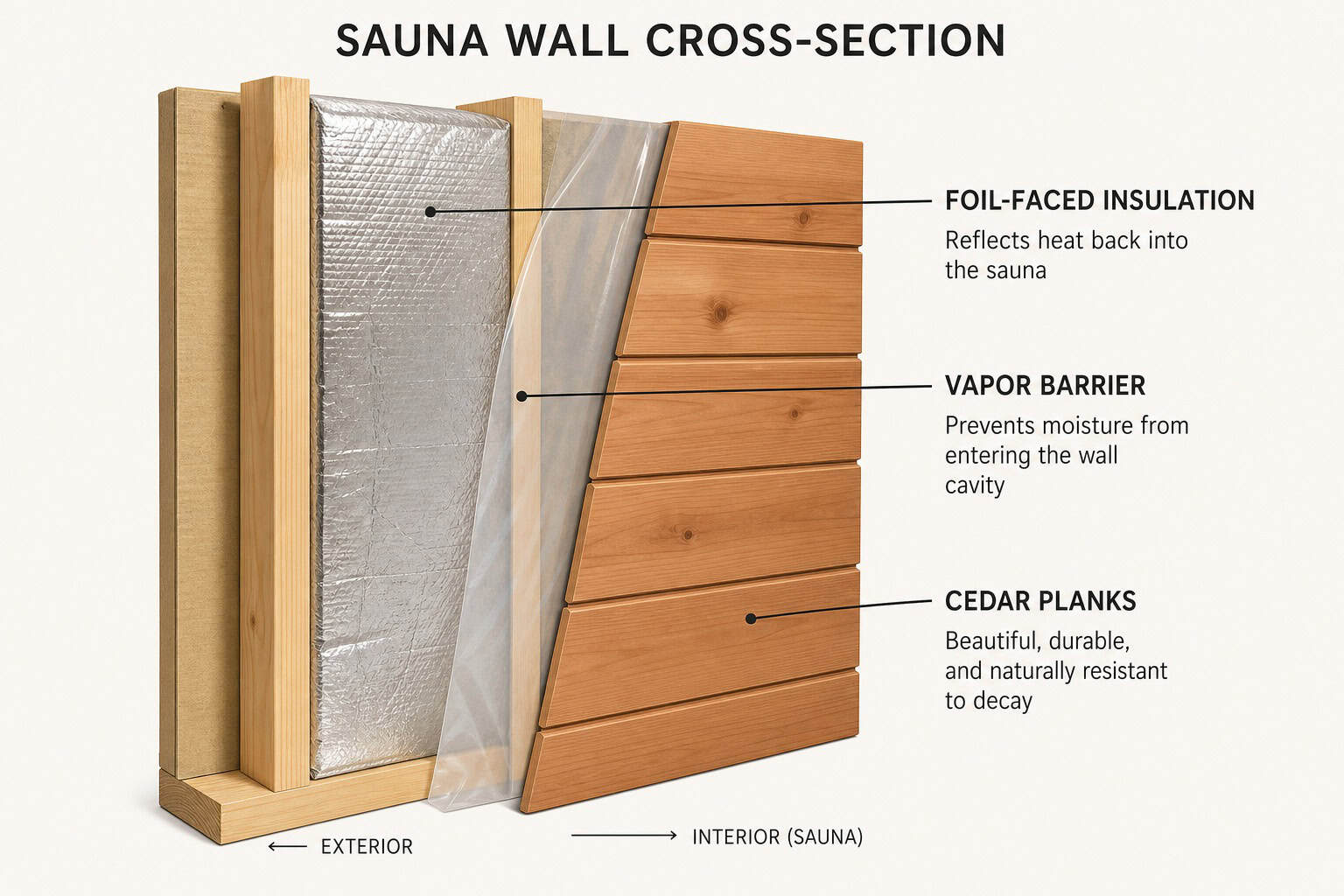 Cross-section diagram of sauna wall with foil-faced insulation and vapor barrier, showing proper construction.