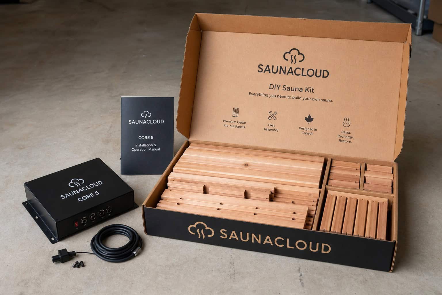 SaunaCloud kit with pre-cut cedar and CORE 5 power supply, showing the engineered kit option.